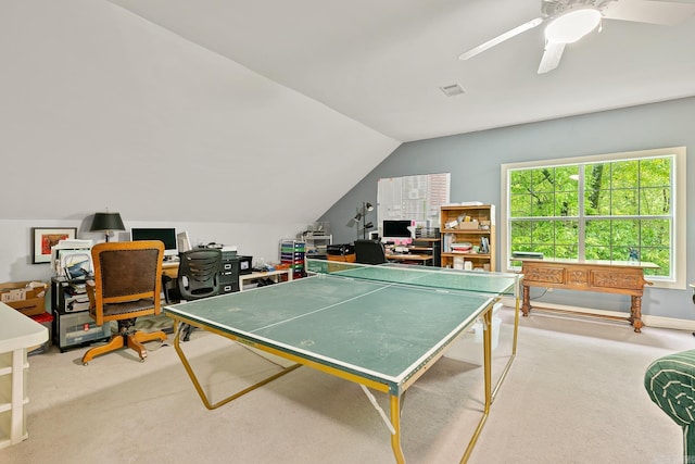 game room featuring ceiling fan, light colored carpet, and lofted ceiling