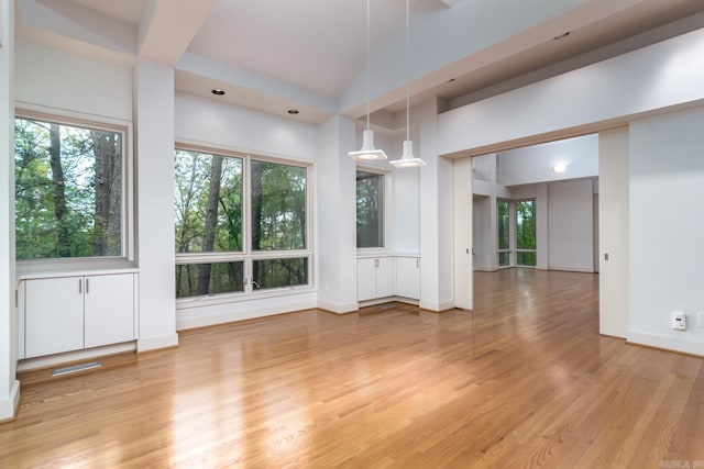 unfurnished dining area featuring light hardwood / wood-style flooring and lofted ceiling