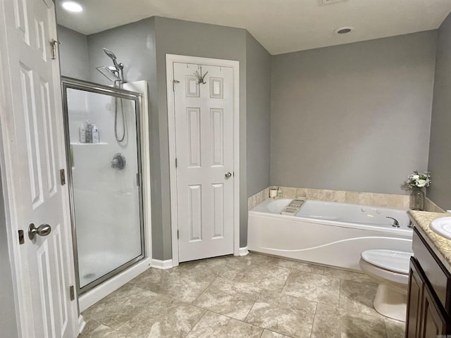 full bathroom featuring plus walk in shower, vanity, and toilet