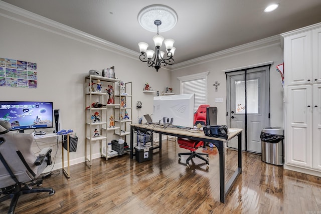 office area featuring hardwood / wood-style floors, a chandelier, and crown molding