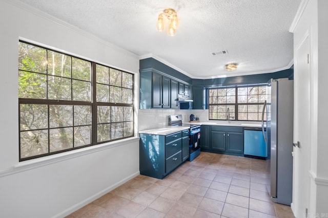 kitchen featuring blue cabinets, sink, decorative backsplash, ornamental molding, and appliances with stainless steel finishes