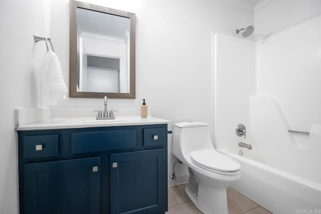 full bathroom featuring tile patterned floors, toilet, vanity, shower / bathtub combination, and ornamental molding