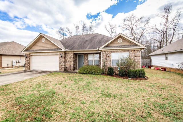 ranch-style home with a front yard and a garage