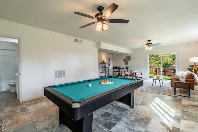 rec room with ceiling fan, wooden walls, and pool table