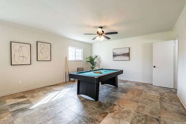 recreation room featuring ceiling fan, ornamental molding, and pool table