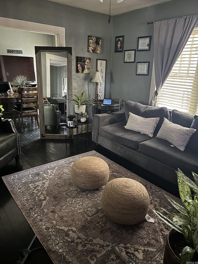 living room with wood-type flooring and ceiling fan