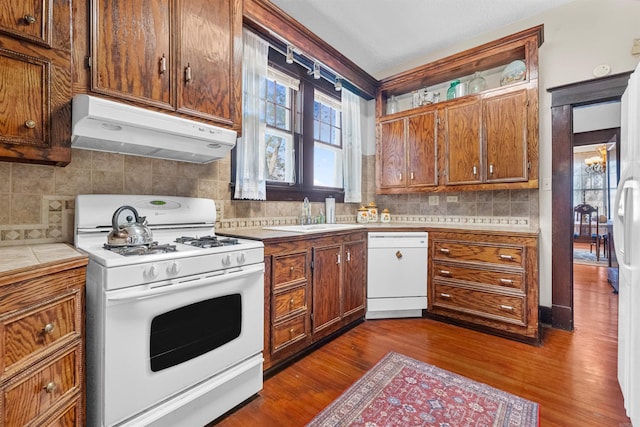 kitchen featuring white appliances, backsplash, dark wood-type flooring, and sink