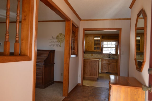 corridor with dark parquet flooring and sink