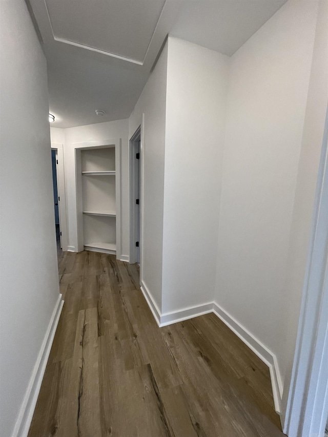 hall featuring built in shelves and hardwood / wood-style flooring