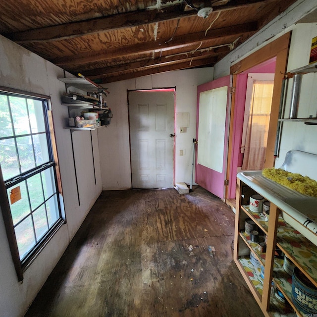 interior space featuring wooden ceiling and dark hardwood / wood-style floors