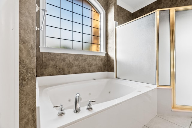 bathroom featuring tile patterned floors, crown molding, and plus walk in shower