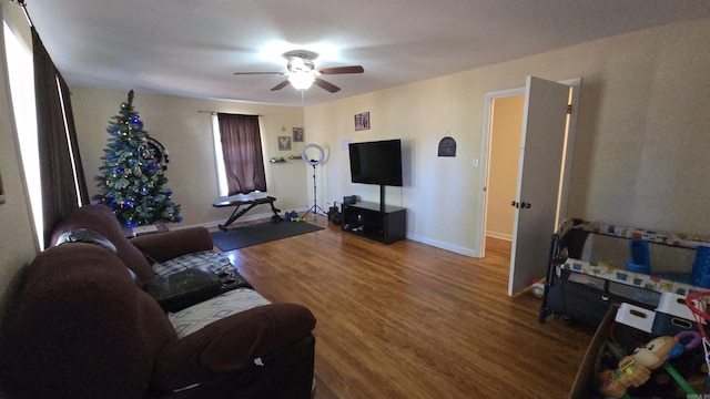 living room with hardwood / wood-style flooring and ceiling fan