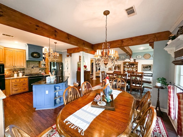 dining area with beam ceiling, dark hardwood / wood-style flooring, and a chandelier