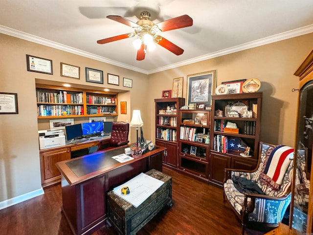 office with crown molding, dark hardwood / wood-style flooring, and ceiling fan