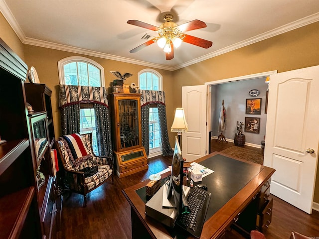 office space with ceiling fan, dark hardwood / wood-style flooring, and crown molding