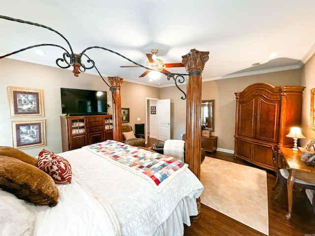 bedroom with ceiling fan, dark hardwood / wood-style floors, and ornamental molding