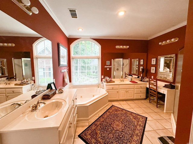 bathroom with separate shower and tub, crown molding, tile patterned flooring, and vanity