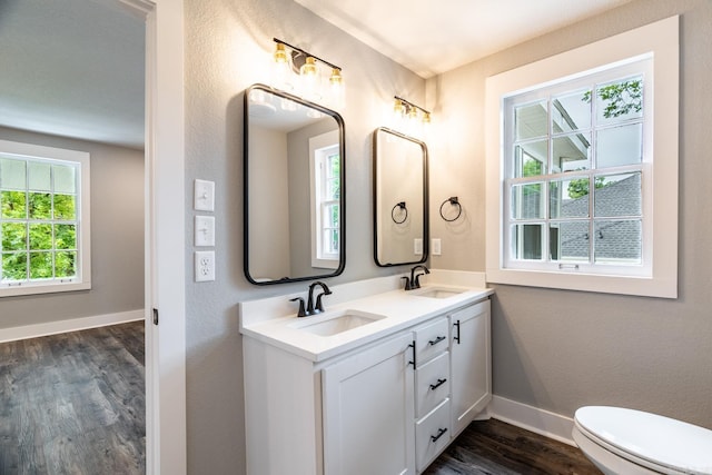 bathroom featuring vanity, wood-type flooring, and toilet