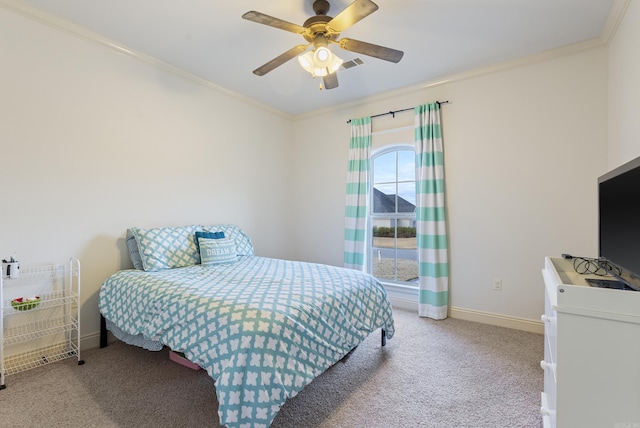 bedroom with light carpet, ceiling fan, and crown molding