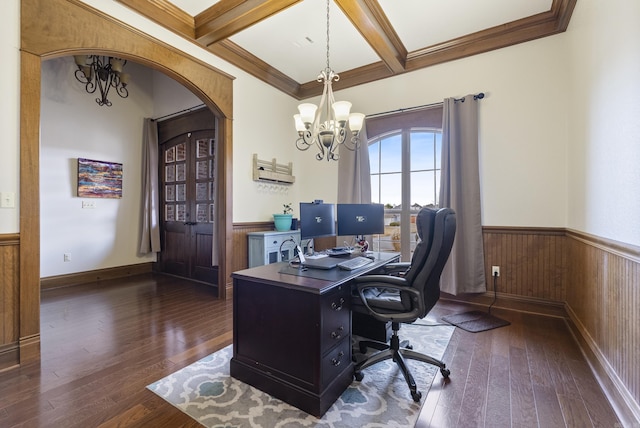 office with a notable chandelier, beam ceiling, crown molding, and coffered ceiling