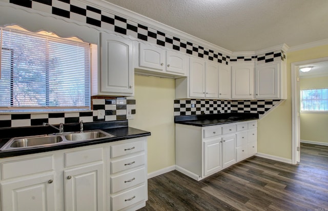 kitchen featuring tasteful backsplash, ornamental molding, dark wood-type flooring, sink, and white cabinetry