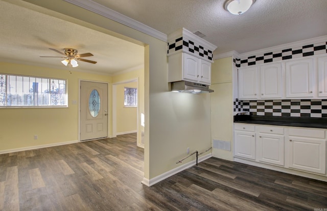 kitchen featuring white cabinets, ceiling fan, ornamental molding, a textured ceiling, and tasteful backsplash