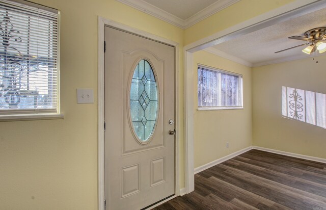 entrance foyer featuring a textured ceiling, crown molding, ceiling fan, and dark hardwood / wood-style floors