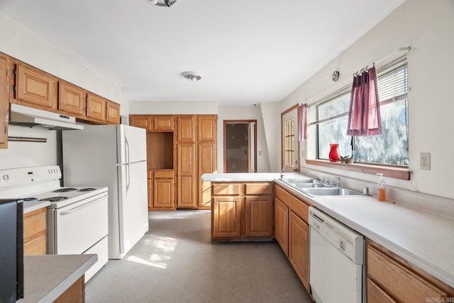 kitchen with kitchen peninsula, sink, and white appliances