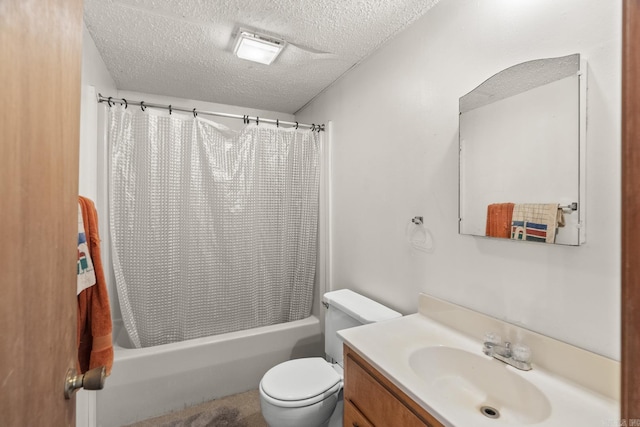 full bathroom featuring shower / bathtub combination with curtain, vanity, a textured ceiling, and toilet