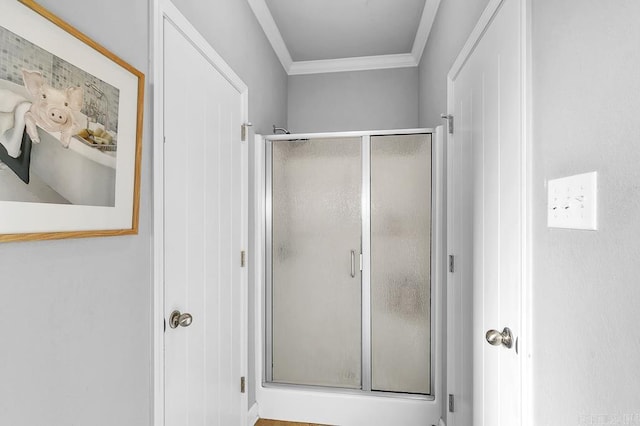 bathroom featuring a shower with shower door and crown molding