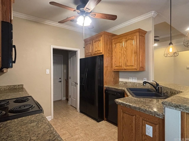 kitchen featuring ceiling fan, sink, decorative light fixtures, black appliances, and ornamental molding