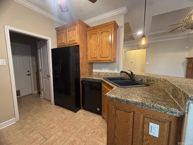 kitchen with sink, hanging light fixtures, crown molding, and black appliances