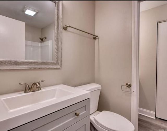 bathroom featuring vanity, toilet, and wood-type flooring