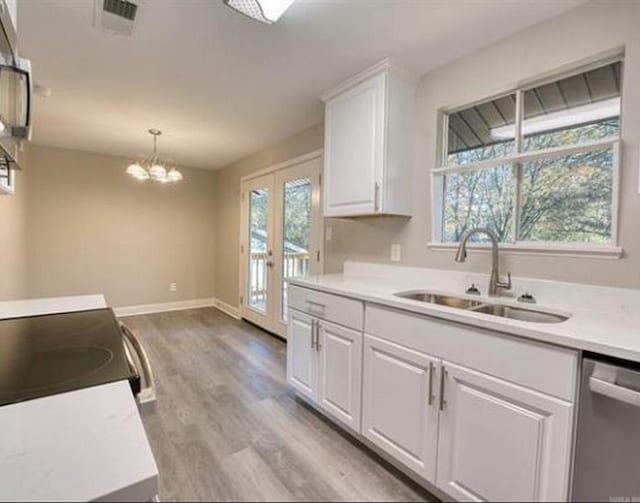 kitchen featuring sink, white cabinets, pendant lighting, and stainless steel dishwasher