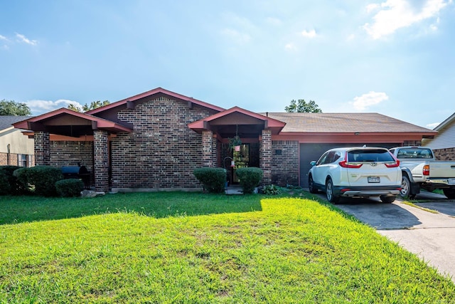 single story home featuring a garage and a front lawn