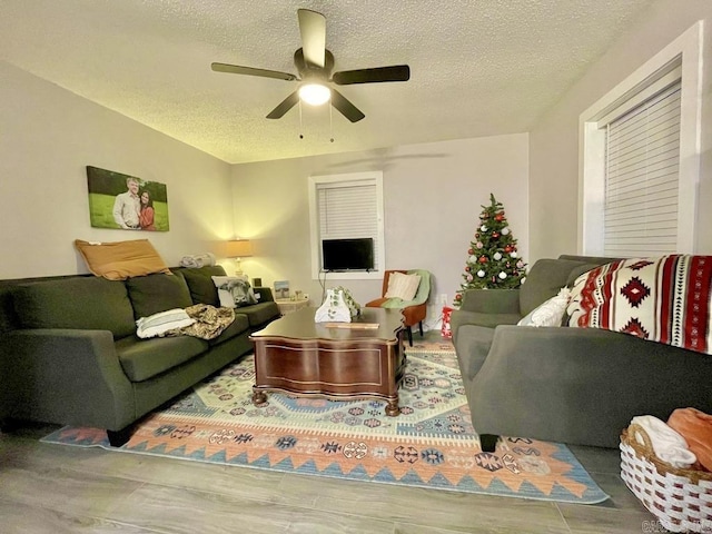 living room featuring a textured ceiling and ceiling fan