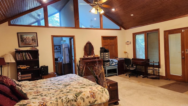 bedroom with ceiling fan, high vaulted ceiling, wood ceiling, and light carpet