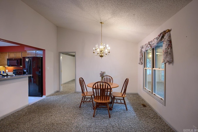 dining space featuring a textured ceiling, light colored carpet, vaulted ceiling, and a notable chandelier