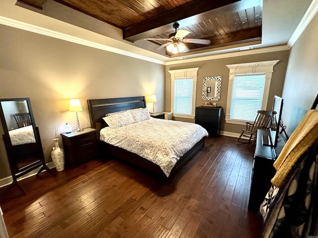 bedroom featuring dark hardwood / wood-style flooring, wood ceiling, a raised ceiling, ceiling fan, and crown molding