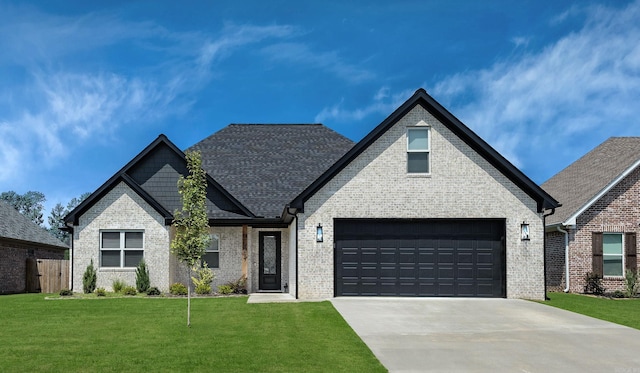 french country inspired facade with a front yard and a garage