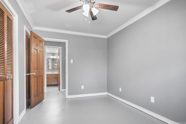 unfurnished bedroom featuring a closet, ceiling fan, and ornamental molding