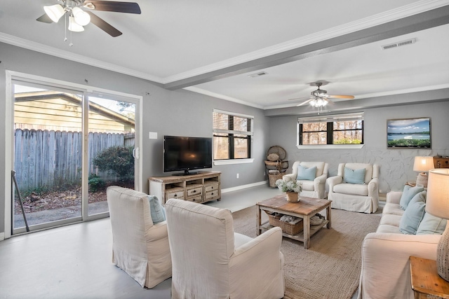 living room featuring crown molding and ceiling fan