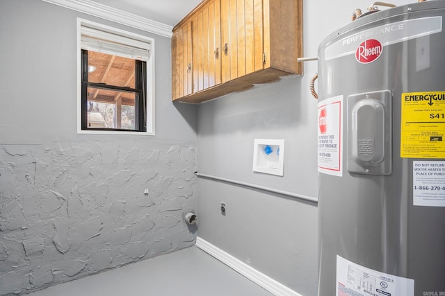 interior space featuring electric dryer hookup, electric water heater, cabinets, and ornamental molding