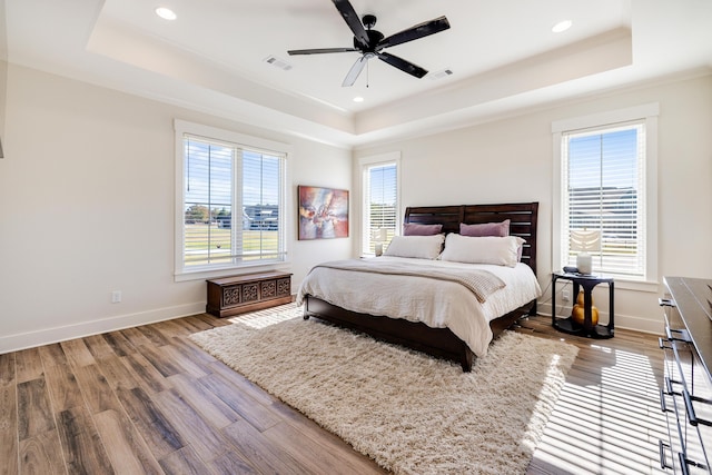 bedroom with multiple windows, a raised ceiling, and ceiling fan