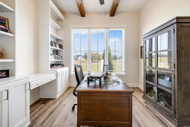 home office featuring beam ceiling and light hardwood / wood-style floors