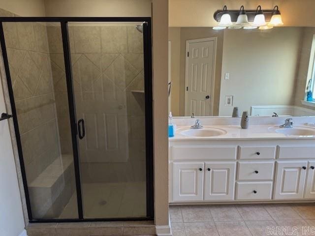 bathroom with tile patterned flooring, vanity, and an enclosed shower