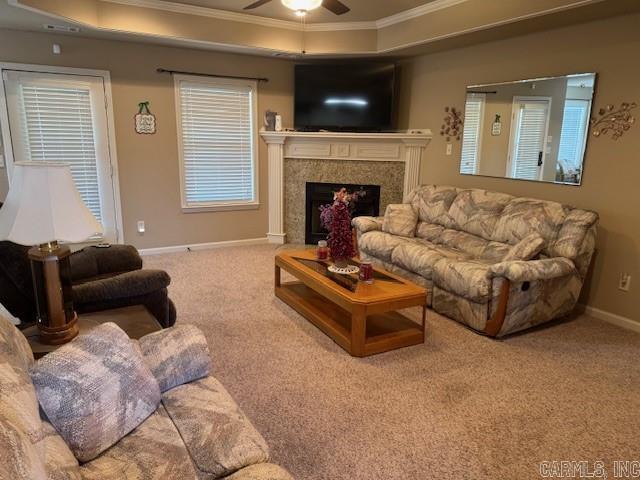 living room with a premium fireplace, a raised ceiling, and carpet flooring