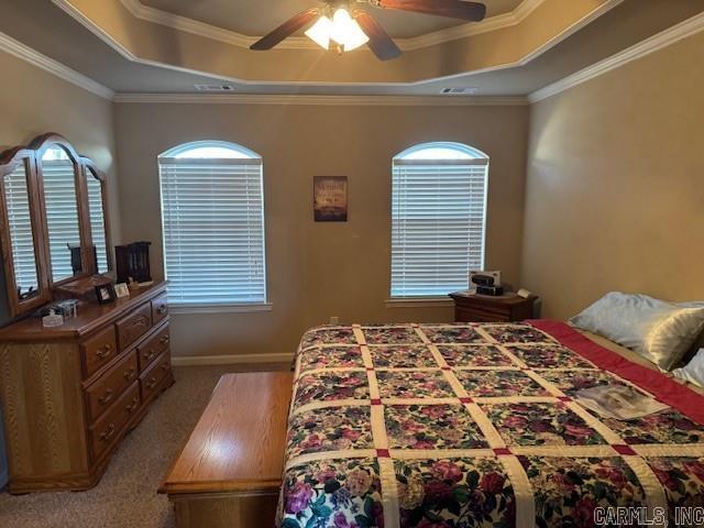 carpeted bedroom featuring a raised ceiling, ceiling fan, and ornamental molding