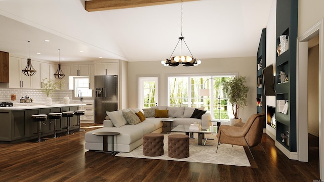 living room featuring vaulted ceiling with beams, sink, dark wood-type flooring, and an inviting chandelier