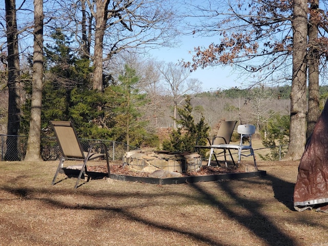 view of yard featuring an outdoor fire pit